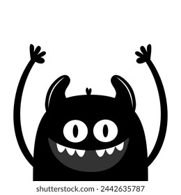 Icono de cabeza de cara sonriente de monstruo asomado. Feliz Halloween. Ojos, dientes de colmillo, cuernos, manos arriba. Lindo personaje de dibujos animados espeluznante libro. Silueta negra. Kawaii bebé gracioso. Diseño plano. Fondo blanco Vector