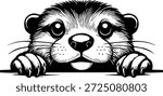 Peeking Otter Design - Cute River Otter Peeking Out - Peeking River Otter - Water Wildlife Illustration - Sweet Otter Peeking Design