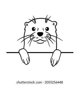 Peeking otter on outline style, vector illustration isolated on white background.