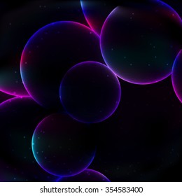 Peeking out of the corner circle of fractal screwed bright glow in the dark soap transparent violet-blue circles on a space retro background.