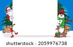 peeking santa claus with White board,gift box and Santa woman holding megaphone In Retro Vintage Pop Art Comic Style