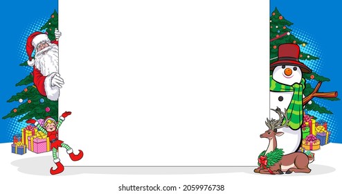 peeking santa claus with White board,gift box and Santa woman holding megaphone In Retro Vintage Pop Art Comic Style