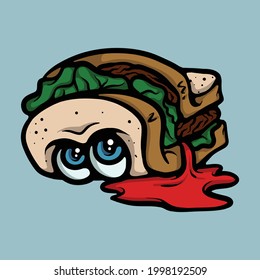 Peeking sleeping sandwich with bleeding chili sauce vector character concept. Junk food mascot. Bread, meat and vegetable illustration. Drawing isolated on blue background