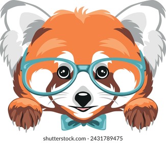 Peeking smart red panda with eyeglasses. Vector