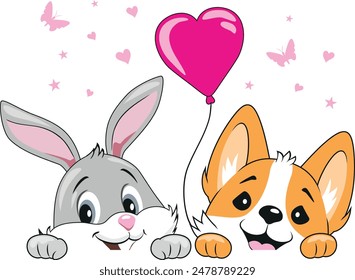 Peeking smiling rabbit and welsh corgi dog with balloon. Vector