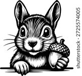 Peeking Squirrel with Acorn - Cute Squirrel Holding Nut - Woodland Animal Clipart, Forest Animal and Nut, Peeking Squirrel Clipart