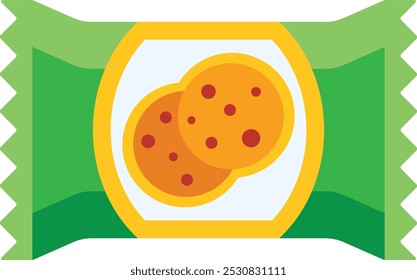 Peeking through the transparent center of a vibrant green and yellow snack package are two irresistible chocolate chip cookies. The delicious treats are sure to satisfy any sweet tooth craving