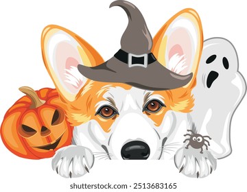 Peeking Welsh Corgi dog with ghost and Halloween pumpkin. Vector