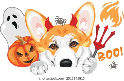 Peeking galés Corgi perro con accesorios de lujo de Halloween. Vector