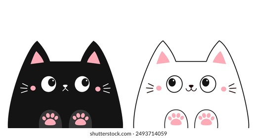 Peeking white black cat set. Kitten hands. Pink paw print on the table. Line contour silhouette. Funny Kawaii pet animal. Cute cartoon character. Childish style. Flat design. White background. Vector