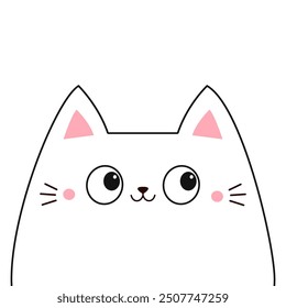 Peeking white cat. Smiling kitten face head. Funny pet animal. Cute cartoon kawaii baby character. Contour line doodle. Pink cheeks, ears. Childish style. Flat design. White background. Vector