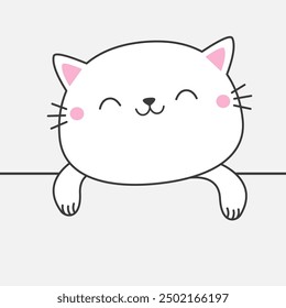 Peeking white smiling cat hanging on white paper. Kitten hands. Paw print on the table. Line contour silhouette. Funny Kawaii pet animal. Cute cartoon character. Flat design. White background. Vector