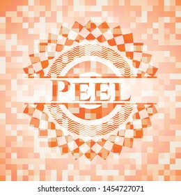 Peel abstract emblem, orange mosaic background