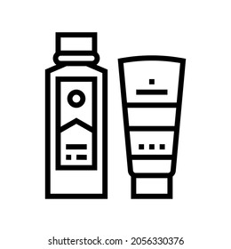 peel and face scrub gel container and peeling soap bottle line icon vector. peel and face scrub gel container and peeling soap bottle sign. isolated contour symbol black illustration