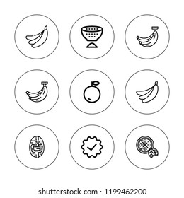 Peel icon set. collection of 9 outline peel icons with banana, orange, strainer, potato peeling icons. editable icons.