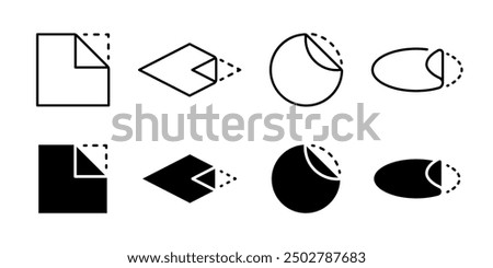 Peel off sticker icon set. Open here symbol. Adhesive paper vector illustration. Sticky tape blank sign collection. Pull off corner dashed edge pictogram isolated. Peel off sticker instruction.