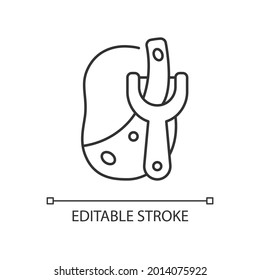 Peel potato linear icon. Cutting skin from vegetable. Recipe step. Cooking instruction. Thin line customizable illustration. Contour symbol. Vector isolated outline drawing. Editable stroke