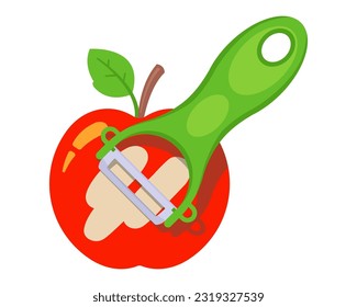 Peel a red apple with a vegetable peeler. flat vector illustration.