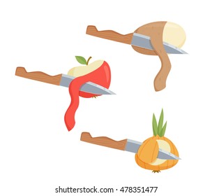 Pele verduras y fruta. Las papas, la cebolla, la manzana. Ilustración vectorial del proceso de cocción. Cocina y utensilios aislados en blanco.