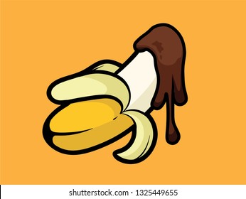 Peeled banana with chocolate sauce. Isolated on background - Fruit Vector