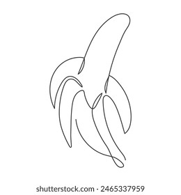 Peeled banana drawn in continuous line style. Black and white illustration. Abstract ripe fresh tropical fruit. Sweet dessert, healthy snack. Element for logo design, icon