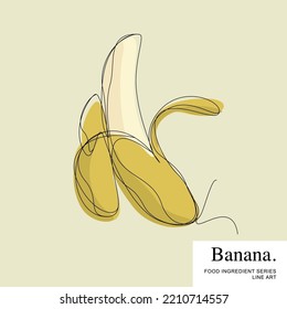 Banana pelada, plantilla de vectores de arte de línea de ingredientes alimentarios