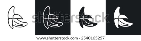 Peeled banana icon set. Vector symbols in black and white colors.