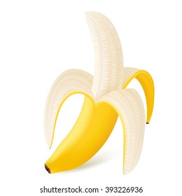 Peeled banana isolated on white background. Realistic vector illustration.