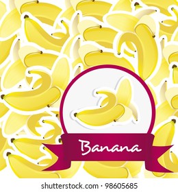 peeled banana on circle label over background of many bananas with white border