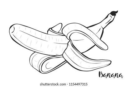 Peeled banana in the peel. Vector. Fruit. Black and white.