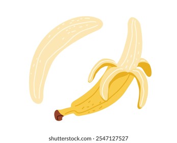 Uma banana descascada fica ao lado de uma banana não descascada sobre um fundo branco em um arranjo simples