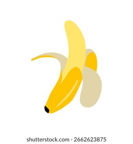 Peeled Banana Vector Illustration on White Background. Flat vector illustration of a peeled banana with its yellow skin partly removed, revealing the fruit inside.