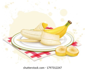 Peeled banana vector illustration with banana slices