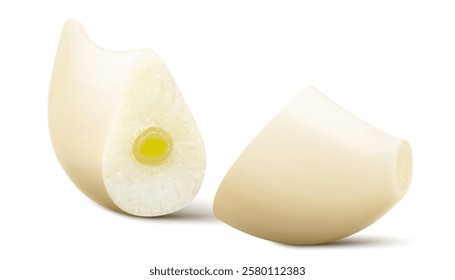 Peeled and Chopped Garlic Clove Isolated On White Background. Vegetable ingredient, garlic cloves for cooking and healthy nutrition. Spice and condiment product package design. Realistic 3D vector