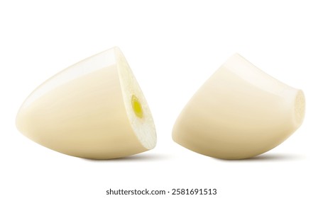 Peeled and Chopped Garlic Clove Isolated On White Background. Vegetable ingredient, garlic cloves for cooking and healthy nutrition. Spice and condiment product package design. Realistic 3D vector