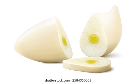 Peeled and Chopped Garlic Clove Isolated On White Background. Slices of garlic clove for cooking and healthy nutrition. Spice and condiment product package design. Realistic 3D vector illustration