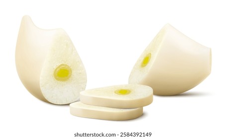 Peeled and Chopped Garlic Clove Isolated On White Background. Slices of garlic clove for cooking and healthy nutrition. Spice and condiment product package design. Realistic 3D vector illustration