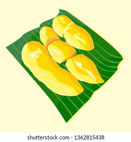 Peeled durian on banana leaves with a vector pattern.