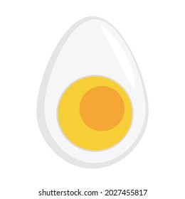 Ein geschältes Ei, halbiert. Ein weißes gekochtes Ei mit einem Eigelb, das zum Essen bereit ist. Vektorgrafik im Cartoon-Stil, einzeln auf weißem Hintergrund für Design und Web.