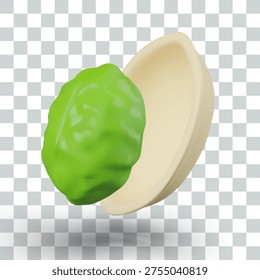 Peeled green pistachio, shell. Realistic raw walnut closeup. Nutritious healthy food