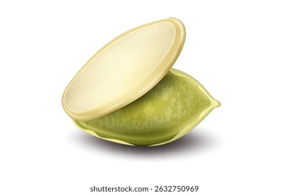 Peeled pumpkin seed on white background. In section or in process of peeling. Realistic vector, close-up. Used for web design food, gardening, business