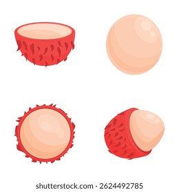 Ícones de rambutan descascados definem vetor de desenhos animados. Todo e metade de frutas tropicais. Alimentos naturais, nutrição saudável