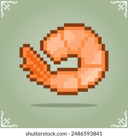 Peeled shrimp in 8 bit pixel art for game assets in vector illustration.