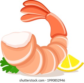 Peeled shrimp with lemon and parsley leaves close-up on a white plate. background