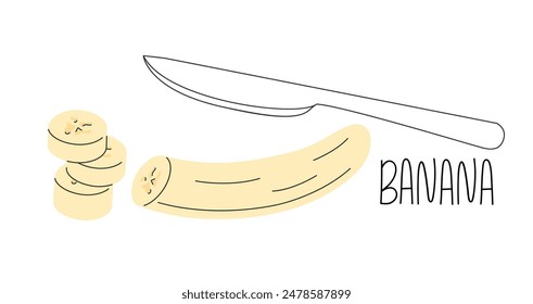 Peeled and sliced banana with outlined knife. Tropical fruit doodle sketch style