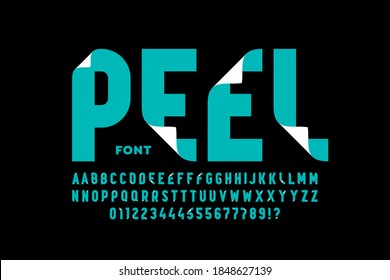 Peeled style font design, peel off alphabet letters and numbers vector illustration