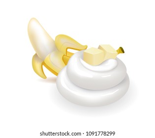Peeled sweet banana with swirl of whipped cream. Delicious ripe fruit and topping. Tasty dessert of natural ingredients isolated vector illustration.