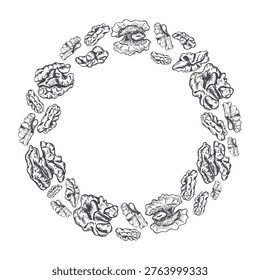 Peeled walnut halves and kernels monochrome vector isolated round wreath. Nut pieces border with copy space for text. Chopped dried nuts illustration for product labels, harvest festival flyers.