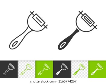Peeler black linear and silhouette icons. Thin line sign of kitchen utensils. Cookware outline pictogram isolated on white color, transparent background Vector Icon shape. Peeler simple symbol closeup