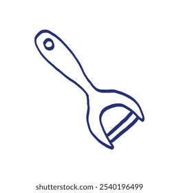 Peeler. Kitchenware sketch. Vector kitchen utensil and tool. Cutlery illustration. Hand drawn sketch. Blue pen or marker drawing. Primitive kids picture